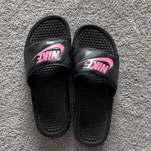 Nike Black Slides with Pink Logo